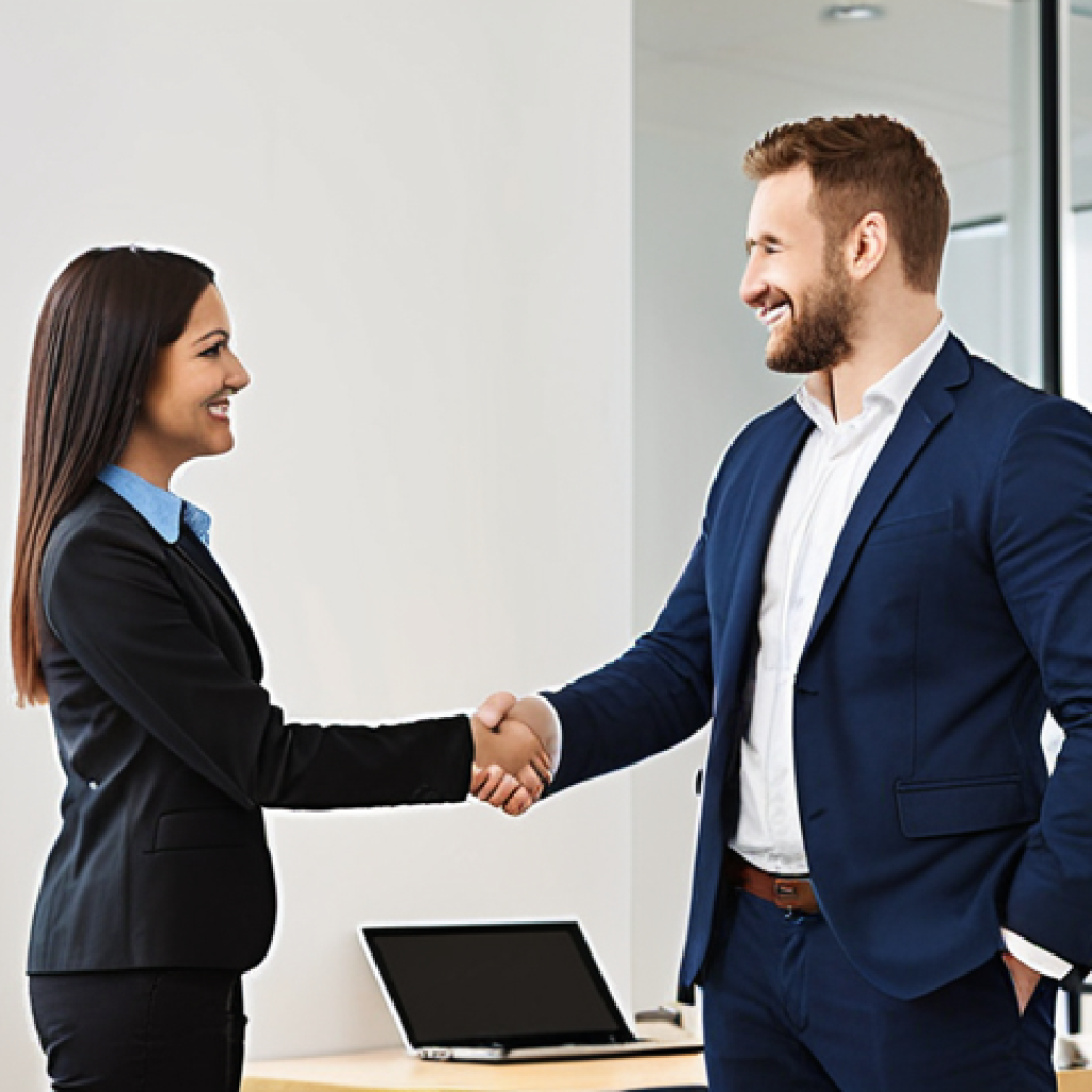 **
A person confidently shaking hands with a hiring manager in a modern office setting. The person shaking hands is holding a network administrator certification in their other hand, subtly displaying it. Focus on the positive body language and professional atmosphere. Emphasize the sense of accomplishment and career advancement. The background should include blurred images of computer screens and network equipment.
**