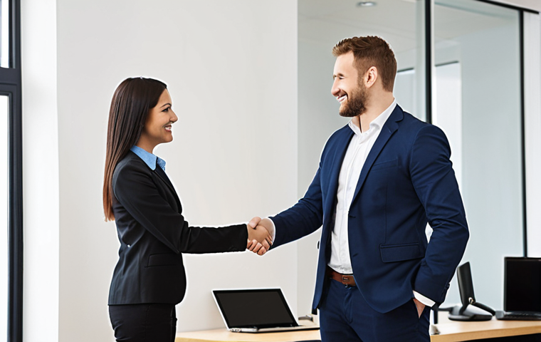 **
A person confidently shaking hands with a hiring manager in a modern office setting. The person shaking hands is holding a network administrator certification in their other hand, subtly displaying it. Focus on the positive body language and professional atmosphere. Emphasize the sense of accomplishment and career advancement. The background should include blurred images of computer screens and network equipment.
**