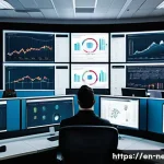 네트워크 실기 시험의 주요 과목별 공부 전략 - A detailed, high-tech network operations center with multiple large screens displaying IP address cl...