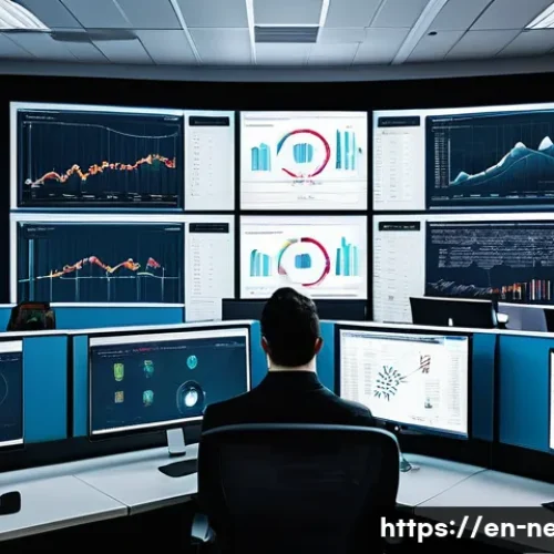 네트워크 실기 시험의 주요 과목별 공부 전략 - A detailed, high-tech network operations center with multiple large screens displaying IP address cl...