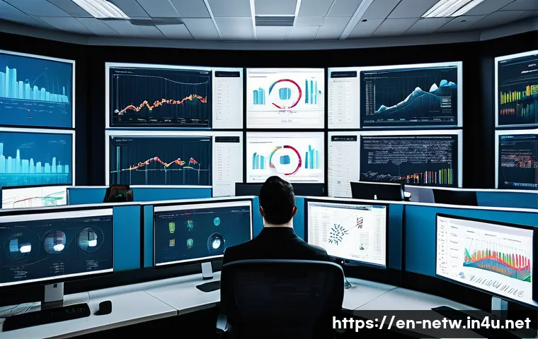 네트워크 실기 시험의 주요 과목별 공부 전략 - A detailed, high-tech network operations center with multiple large screens displaying IP address cl...