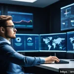 네트워크 자격증으로 가능했던 직무 전환 경험담 - A professional young adult confidently sitting at a modern office desk, surrounded by multiple compu...