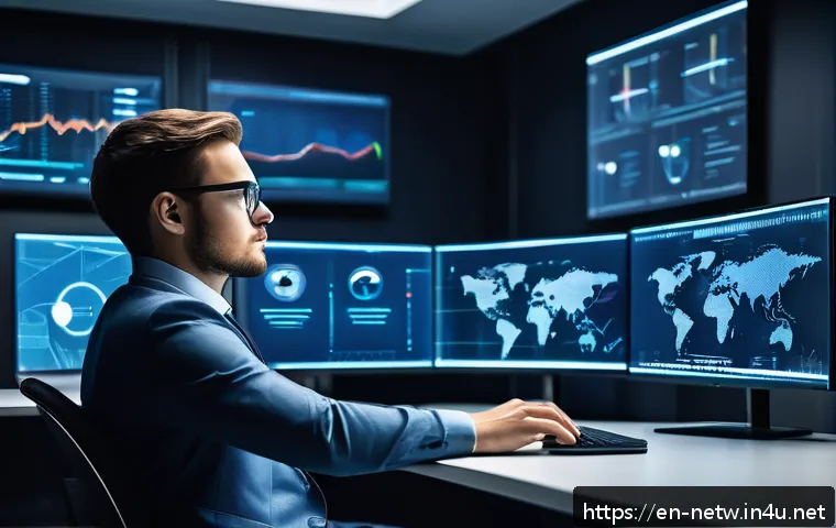 네트워크 자격증으로 가능했던 직무 전환 경험담 - A professional young adult confidently sitting at a modern office desk, surrounded by multiple compu...