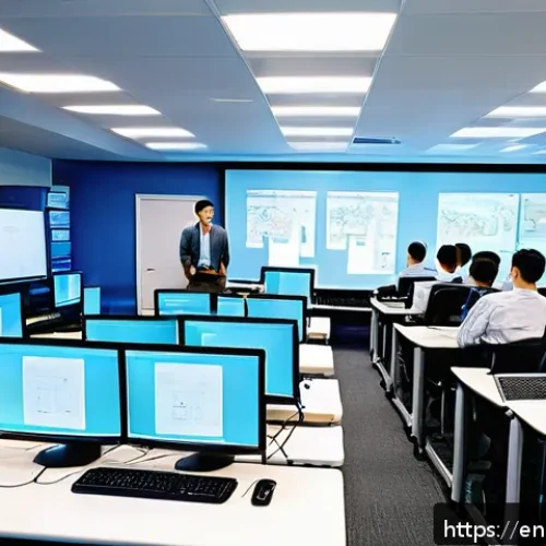 네트워크 자격증과 실무 경험의 상호 보완성 - A professional IT training room with diverse adult students seated at desks working on laptops, focu...