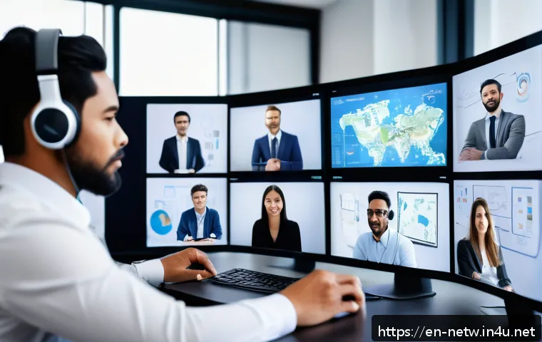 네트워크 자격증 취득 후 해외 취업 성공 후기 - A diverse group of young professionals engaged in a virtual international networking webinar, showin...